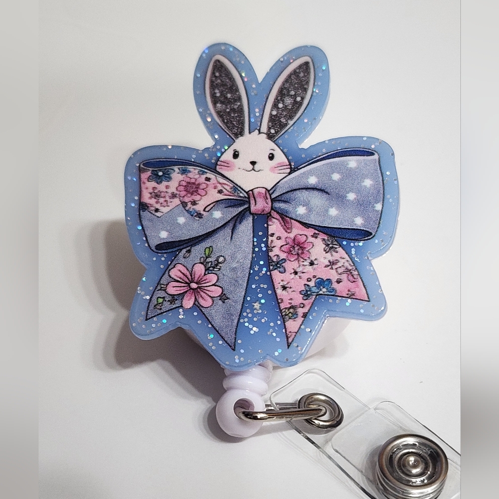 Bunny Bow Badge Reel Easter Floral Alligator Clip ID Holder